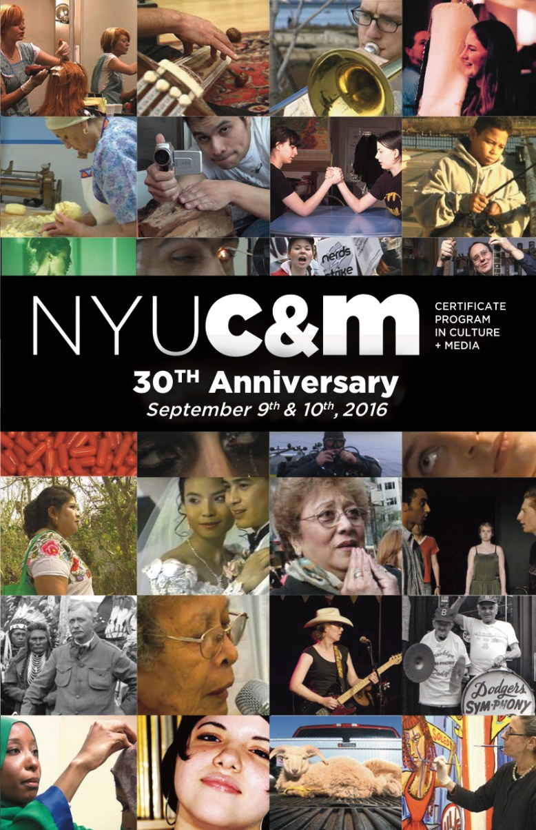 I created this panphlet schedule for the NYU Certificate Program in Culture and Media's 30th reunion event. Each of the pictures highlight a different movie created by alumni of the center. 
